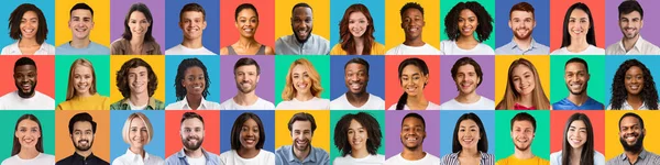 Headshots de jeunes hommes et femmes souriants et heureux sur fond coloré, panorama — Photo