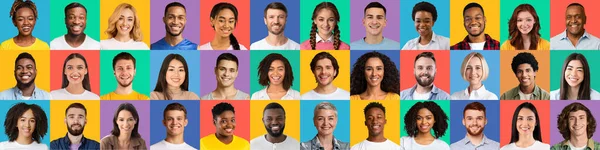 Feliz alegre joven y adulto multicultural hombre y mujer mirando a la cámara en fondos coloridos — Foto de Stock