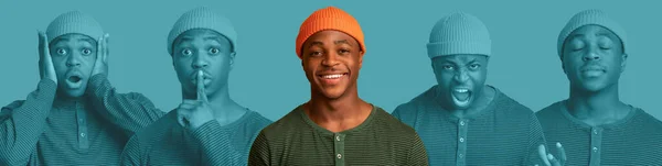Retrato de alegre joven afroamericano chico y sus emociones —  Fotos de Stock