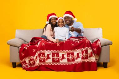 Xmas 'ta televizyon izleyen mutlu zenci aile portresi