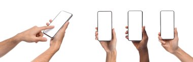 Akıllı telefonu boş ekranlarla gösteren insanlar, kapatın