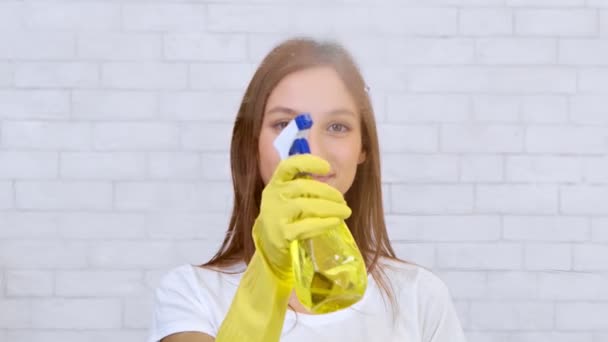 Vårstädning. Ung positiv kvinna i skyddande gummihandskar sprutning rengöringsmedel på fönsterglas och tvätta den — Stockvideo