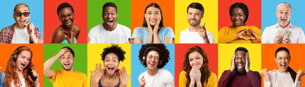Κολάζ των headshot σοκαρισμένος, γέλιο επιτυχημένη νέους και ηλικιωμένους μαύρους και Ευρωπαίους ανθρώπους με πολύχρωμα υπόβαθρα — Φωτογραφία Αρχείου
