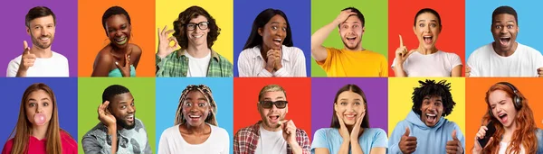 Lugn rolig chockad förvånad leende Millennial internationella män och kvinnor — Stockfoto