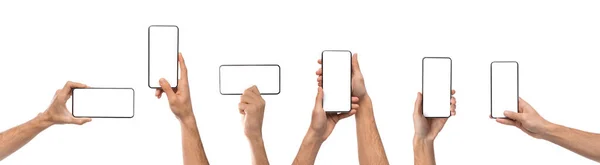 Mains masculines tenant smartphone avec écran blanc dans une orientation différente — Photo