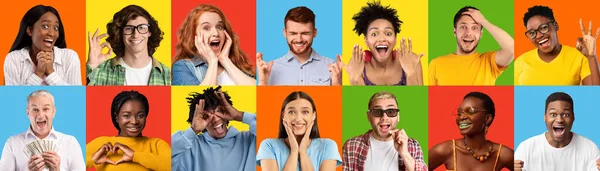 Collage de diferentes emociones de hombres y mujeres maduros y jóvenes diversos en fondos coloridos —  Fotos de Stock