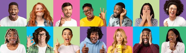 Ljusa känslor av millennial multietniska män och kvinnor på färgglada bakgrunder, panorama — Stockfoto