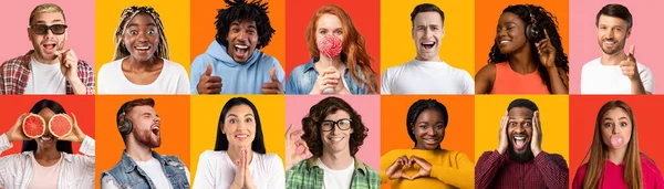 Siyahi Amerikalı ve Avrupalı genç erkek ve kadınların renkli geçmişlerindeki olumlu duyguların kolajı