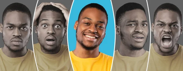 Emoções masculinas durante o dia. Jovem afro-americano mostrando várias emoções positivas e negativas, colagem — Fotografia de Stock
