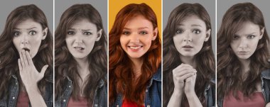 Ruh hali değiştirme konsepti. Çeşitli duygular gösteren genç bir bayan, olumlu yüz ifadesi üzerinde aksanlı yaratıcı bir imaj.