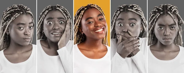 Porträtt av ung afrikansk amerikansk kvinna visar olika positiva och negativa känslor, collage, panorama — Stockfoto