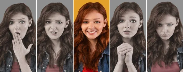 Stimmungswandel. Junge Frau zeigt verschiedene Emotionen, kreatives Bild mit Akzent auf positiven Gesichtsausdruck — Stockfoto