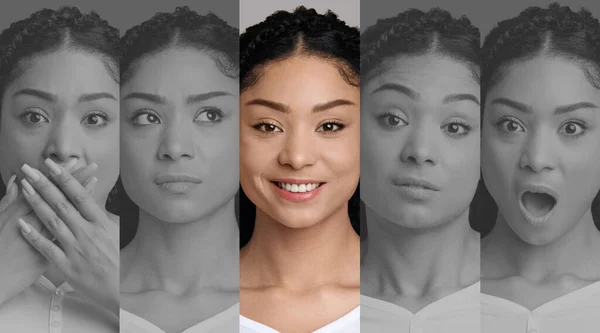 Concepto de cambio de humor. Retrato de una joven mujer negra mirando a la cámara, mostrando emociones positivas y negativas, collage —  Fotos de Stock