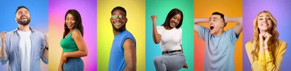 Colagem de jovens felizes multirraciais sorrindo e celebrando o sucesso em fundos gradientes coloridos — Fotografia de Stock