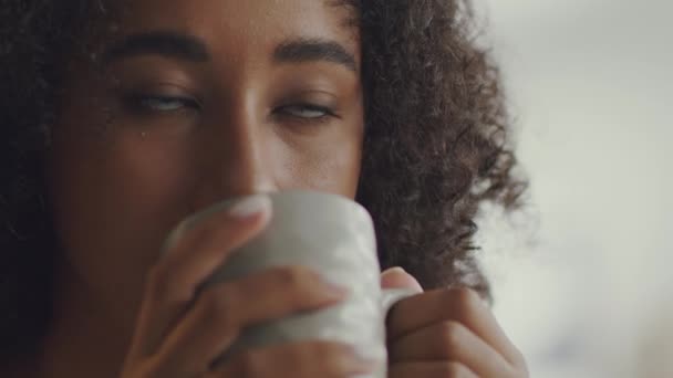 Primer plano retrato de una joven afroamericana bebiendo café o té, disfrutando de una taza de su bebida favorita, espacio vacío — Vídeo de stock
