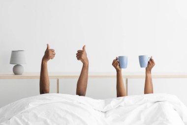 Mutlu Afrikalı genç Amerikalı karı-koca minimalist yatak odasında hafta sonunun tadını çıkarın.