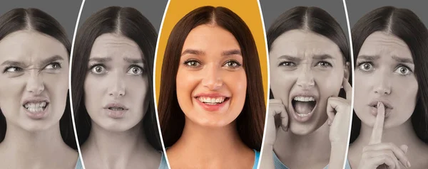 Huśtawki nastrojów w dzień. Młoda kobieta wykazująca różne emocje, kreatywny wizerunek z akcentem na pozytywną ekspresję twarzy — Zdjęcie stockowe