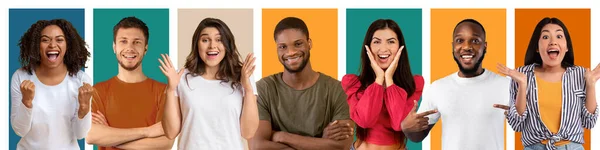 Set van verschillende uitdrukkingen, emoties millennial internationale jongens en vrouwen op kleurrijke achtergrond — Stockfoto