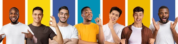 Jeunes hommes diversifiés avec des émotions différentes sur fond coloré regarder la caméra — Photo