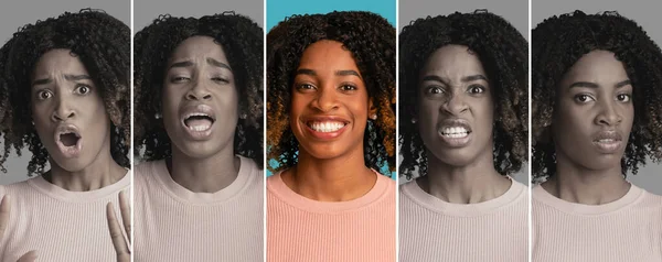 Portrait de femme noire émotionnelle aux cheveux bouclés montrant diverses émotions positives et négatives, collage — Photo