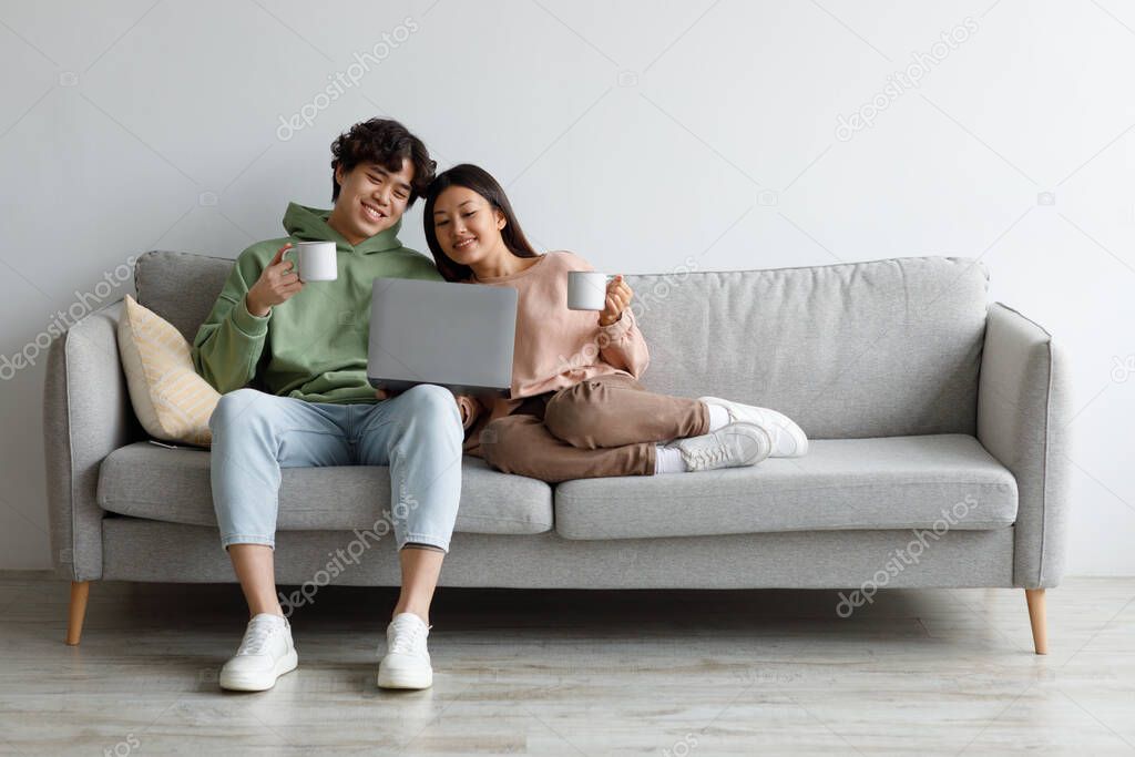 Happy Asian couple sitting on couch with laptop and coffee, browsing internet together at home, free space