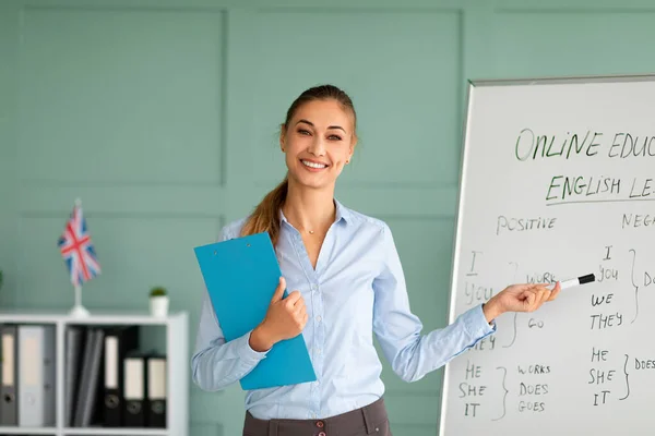 Ausbildungskonzept. Fröhliche Englischlehrerin, die auf Grammatikregeln an Bord zeigt — Stockfoto