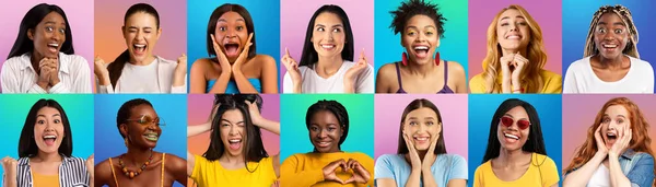 Retratos emocionais de mulheres multirraciais em fundos coloridos — Fotografia de Stock