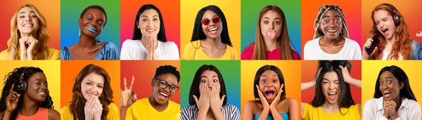 Světlé stylové multietnické dámy pózující na barevném pozadí — Stock fotografie