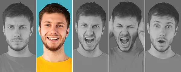 Hombre milenario mostrando diversas emociones, imagen creativa con acento en la expresión positiva de la cara, panorama —  Fotos de Stock