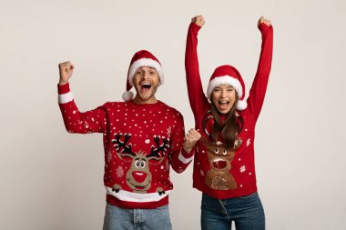 Yaşa! Xmas Kazaklı Mutlu Çift Yükseltilmiş Yumruklarla Başarı Kutlaması