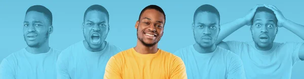 भावनाओं को दिखाने वाले मुस्कुराते हुए युवा काले आदमी का चित्र — स्टॉक फ़ोटो, इमेज