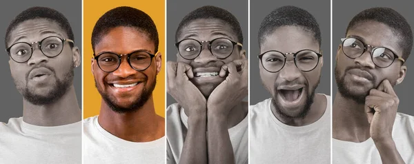 Des émotions humaines. Millénaire homme afro-américain montrant des émotions positives et négatives, milieux studio, panorama — Photo