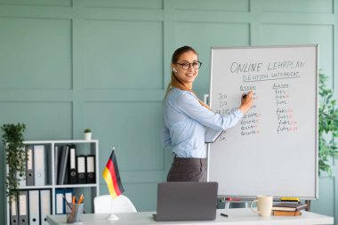 Çevrimiçi Almanca dersi veren neşeli öğretmen, laptop webcam ile konuşan, öğrencilere dil bilgisi kurallarını açıklayan