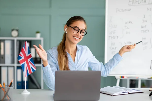 Concepto de conferencia remota. Profesora amigable explicando reglas gramaticales en inglés, dando lecciones en línea y mirando a la cámara web — Foto de Stock