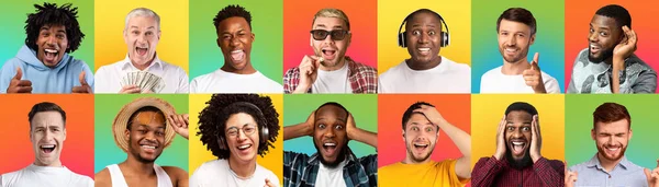 Emotionele stijlvolle multi-etnische mannen verschillende leeftijden poseren op kleurrijke achtergronden — Stockfoto