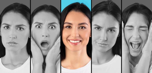 Stimmungswandel. Millennial Frau zeigt verschiedene Emotionen, kreatives Bild mit Akzent auf positiven Gesichtsausdruck — Stockfoto