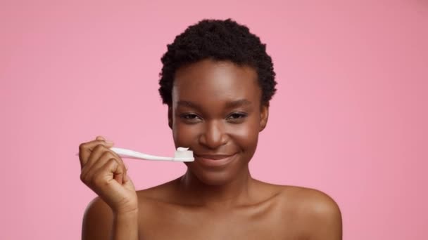 Афроамериканка держит зубную щетку с зубной пастой, розовый фон — стоковое видео