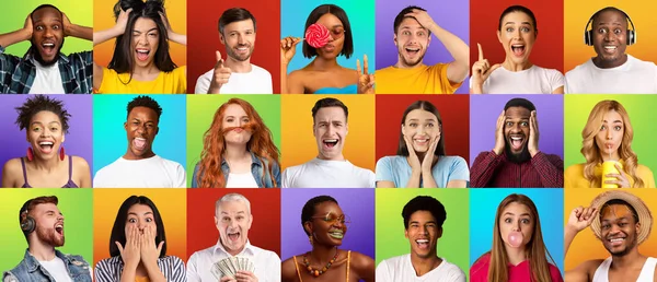 Retratos de personas multirraciales compartiendo emociones, collage —  Fotos de Stock