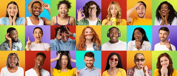 Multirracial millennial pessoas expressando emoções positivas, conjunto de retratos — Fotografia de Stock