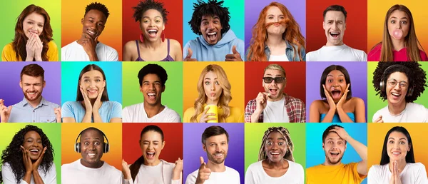 Collection of emotional shots. Young people posing on colorful backgrounds — Stockfoto