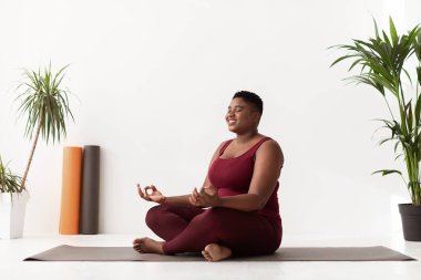 Positive fat black lady in sportswear having yoga practice