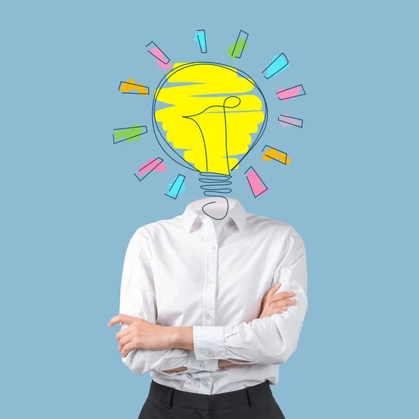 Young businesswoman with light bulb on place of her head having creative idea or inspiration on blue background — Stock Fotó