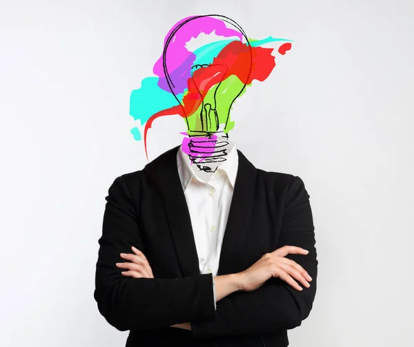 Business lady finding brilliant solution to problem, having light bulb with bright colors in place of her head, collage — Stock fotografie