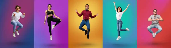Collage of cheerful multiracial young people jumping over colorful neon backgrounds, panorama — Stockfoto