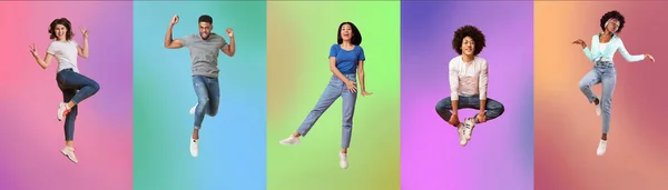 Onbezorgde jeugd. Collage met multiraciale millennials tonen opwinding, springen in de lucht op heldere neon achtergronden — Stockfoto