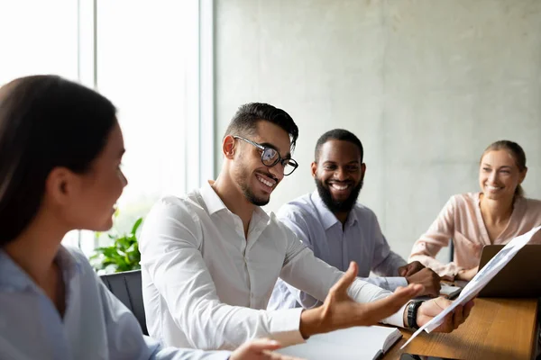 Group Of Multiethnic Coworkers Discussing New Project During Corporate Meeting In Office —  Fotos de Stock