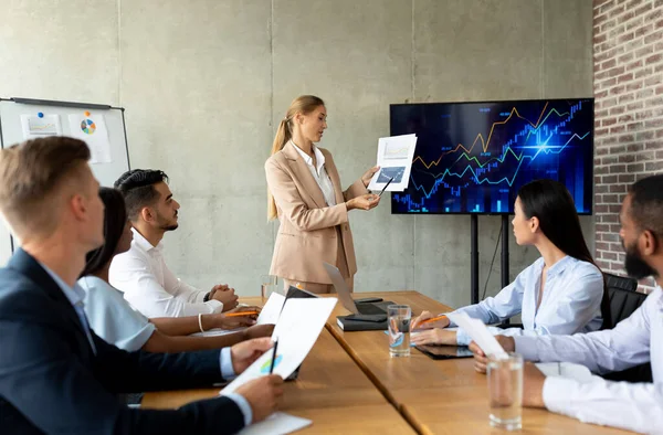 Corporate Meeting. Young Businesswoman Giving Speech During Conference With Coworkers In Office — 스톡 사진