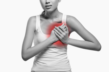 Cropped of woman suffering from heartburn or breast pain clipart