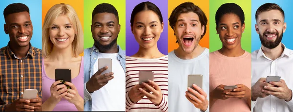 Anuncio móvil. Felices personas emocionadas sosteniendo teléfonos inteligentes y mirando a la cámara, Collage — Foto de Stock