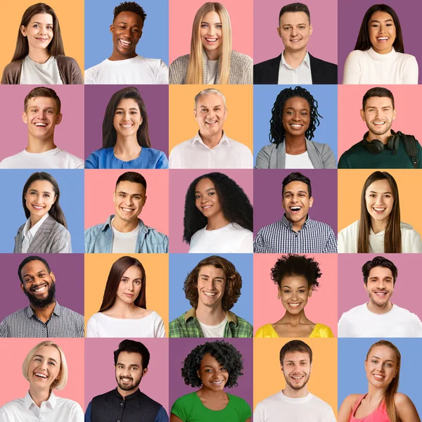 Multiracial cheerful people photos on pastel backgrounds, set — Fotografia de Stock